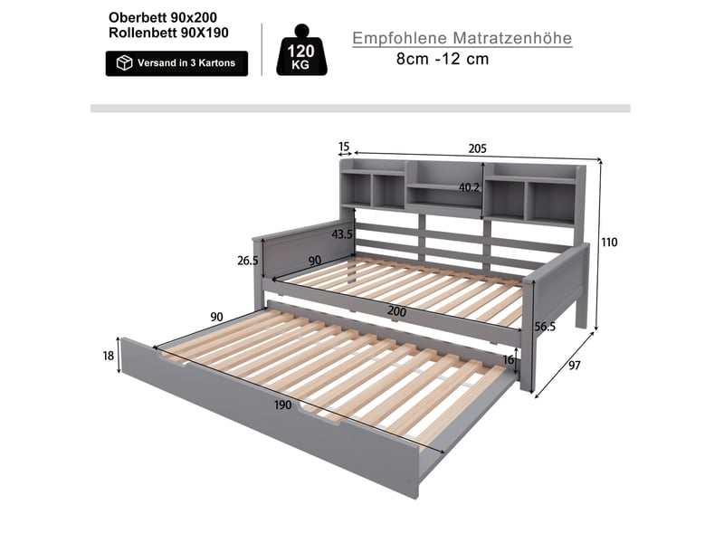  Lit gigogne enfant 90x200 cm+90x190 cm, compartiment de rangement et sommiers, bois gris, sans matelas  - Conforama C