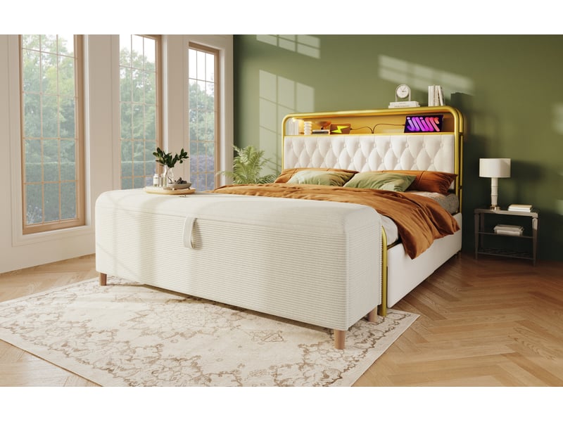  Banc de lit 175x38 cm en velours côtelé beige avec rangement hydraulique  - Conforama B