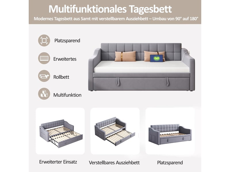  Lit banquette simple 190×90 et 190×180 cm extensible avec usb - okmyhome- velours gris, sans matelas  - Conforama E