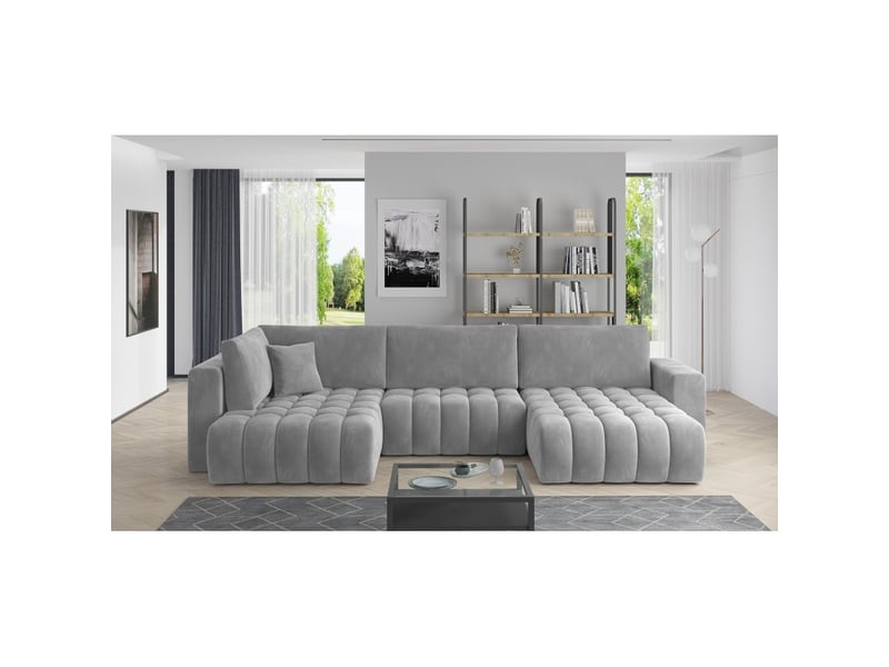 Canapé d'angle bonita convertible 6 places gris clair effet velours – droit – 350x175cm - Conforama B