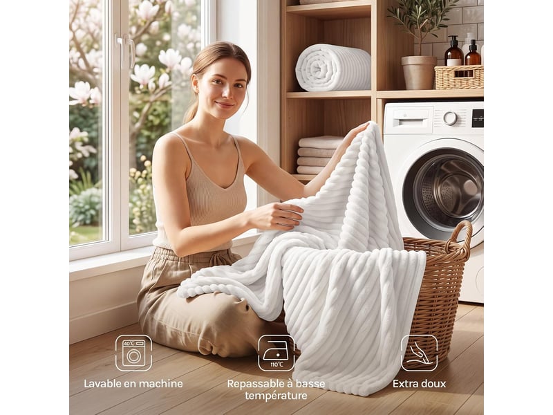  Plaid polaire blanc, flanelle côtelée, 125x150cm, moelleux et léger, pour lit et voyage, 350 gm²  - Conforama E