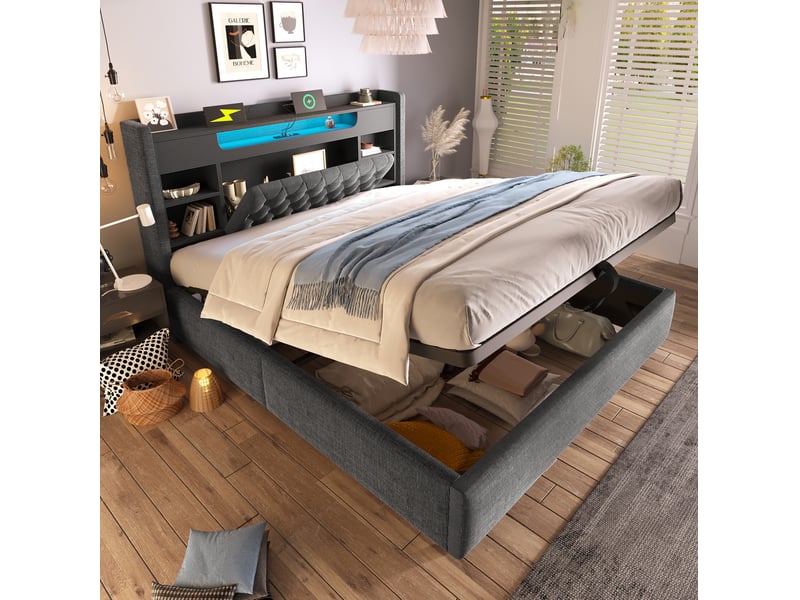  Lit avec rangement hydraulique 140 x 190 cm gris en lin avec led, ports usb et usb-c  - Conforama C