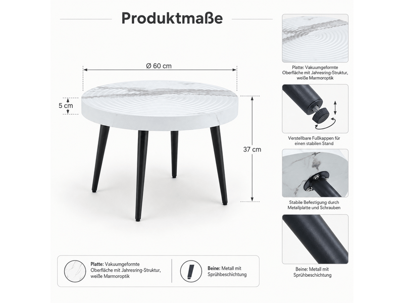  Table basse ronde effet marbre rainures à anneaux annuels pieds métalliques réglables usage polyvalent table stable  - Conforama C