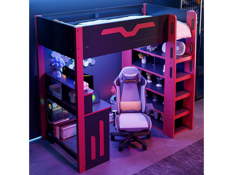Lit mezzanine enfant 90×200 cm bureau, led et rangements - sans matelas, bois dérivé - noir et rouge - Conforama B