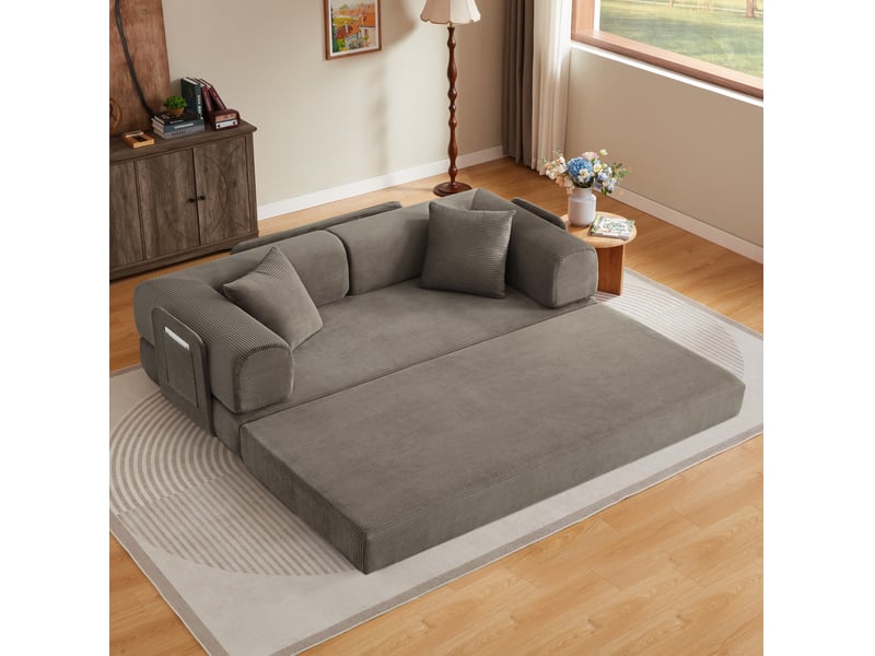 Canapé-lit convertible 3 places en velours côtelé taupe avec 2 coussins 204 x 97 x 65 cm - Conforama B