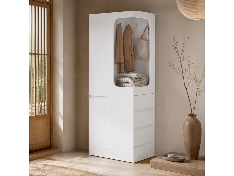  Armoire 2 portes 70x40x170 cm, espace penderie ouvert, 2 tiroirs, bois, couleur blanc, design moderne et minimaliste  - Conforama B