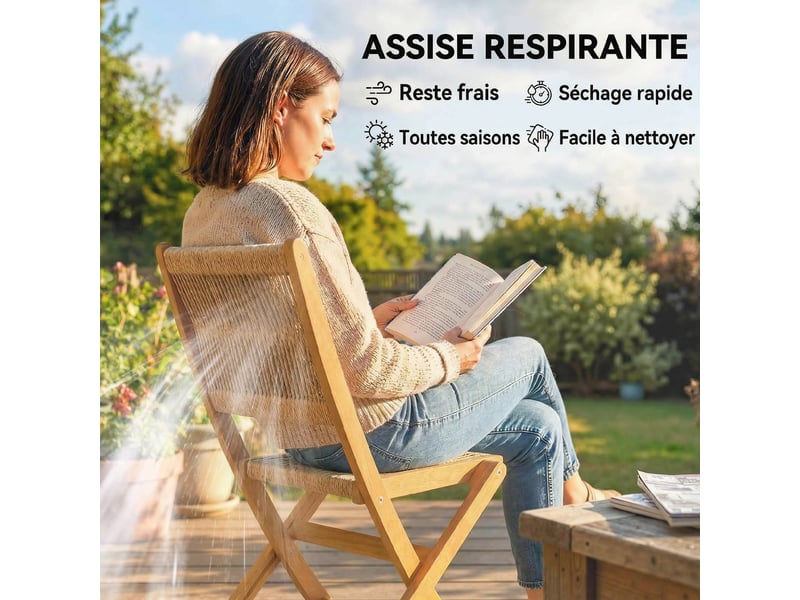  Lot de 2 chaises de jardin pliantes en acacia et corde tressée beige 48x55,5x88 cm  - Conforama D