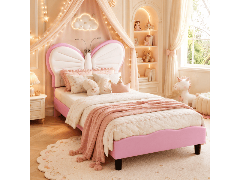Lit enfant pour une fille 90x200 - sommier à lattes + liseuse + dossier rembourré - tête de lit réglable - 1 personne - lit fille 90x200cm avec led - lit enfant rembourré avec sommier à lattes - tête de lit réglable en papillon … - Conforama C