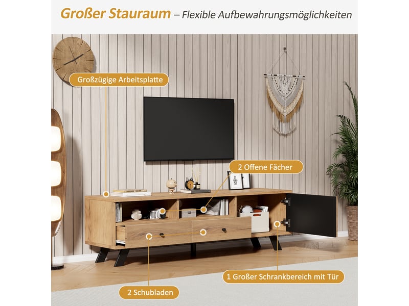  Ensemble meuble tv et buffet assorti, meuble tv pour téléviseur 60 pouces, rangement bois naturel et noir pour salon  - Conforama R