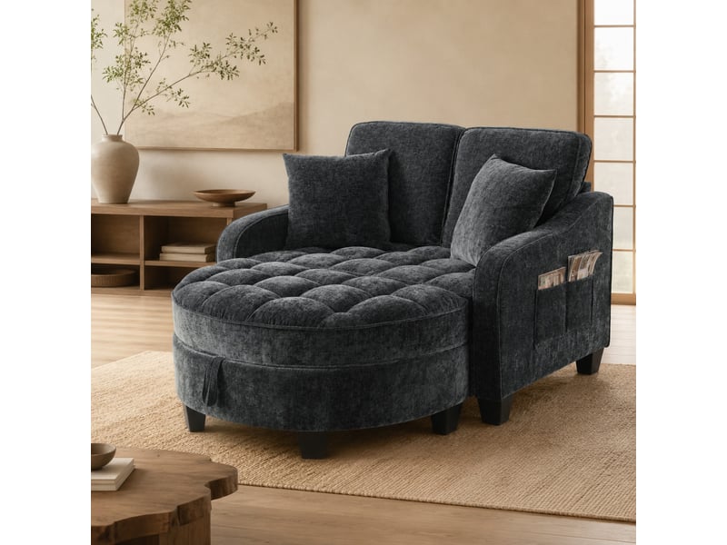 Canapé-lit convertible modenvie 1 place avec pouf de rangement 132 x 129 x 93 cm chenille noir - Conforama E
