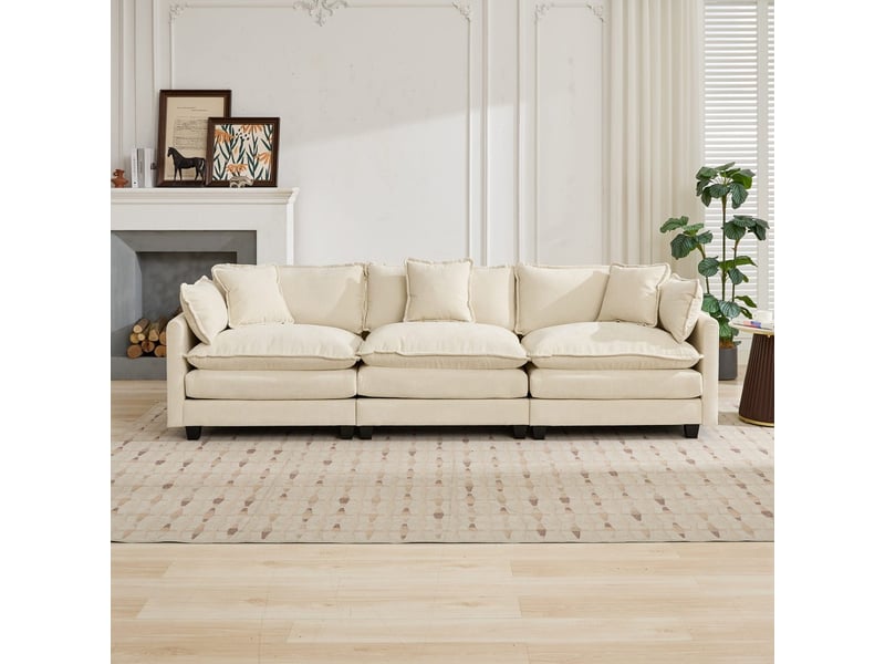  Canapé 3 places nuage moderne sectionnel salon chambre appartement coussin double couche rembourré tissu chenille respirant beige  - Conforama D