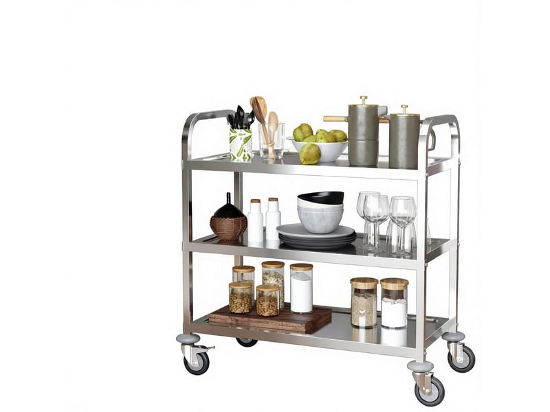 Chariot de service à 3 niveaux en acier inoxydable avec 4 roulettes, desserte de cuisine polyvalente, capacité 150 kg, 90x50x88 cm - Conforama A