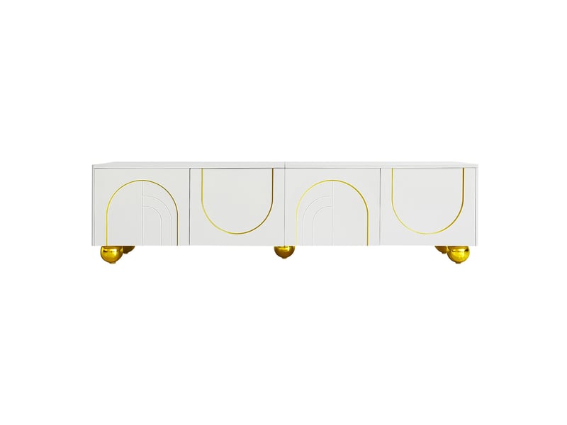  Meuble tv 170x38x44 cm, 4 portes, tiroirs, façades texturées, détails dorés, grand rangement pour salon et séjour - blanc  - Conforama A
