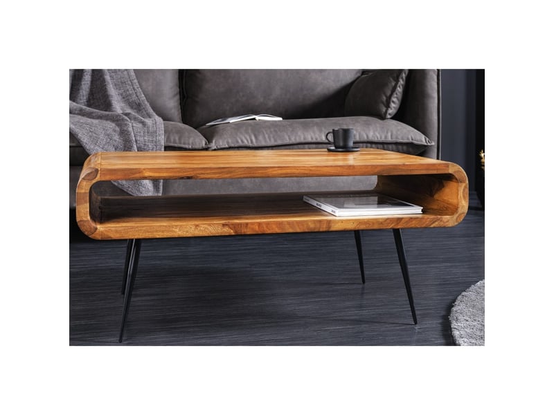  Table basse retrova 90 cm en bois de sheesham verni avec pieds métal noir et niche ouverte  - Conforama D