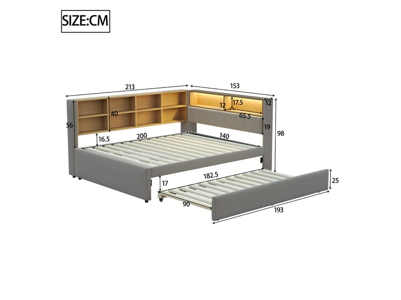  Canapé-lit 140x200 cm + gigogne 90x190 cm avec rangements, led et prises, flanelle gris foncé, sans matelas  - Conforama C
