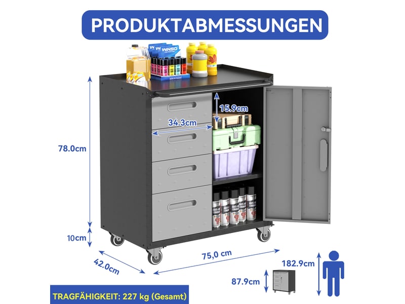 Armoire à outils sur roulettes 75 x 42 x 88 cm noir et gris en métal, 4 tiroirs et rangement verrouillable - Conforama C
