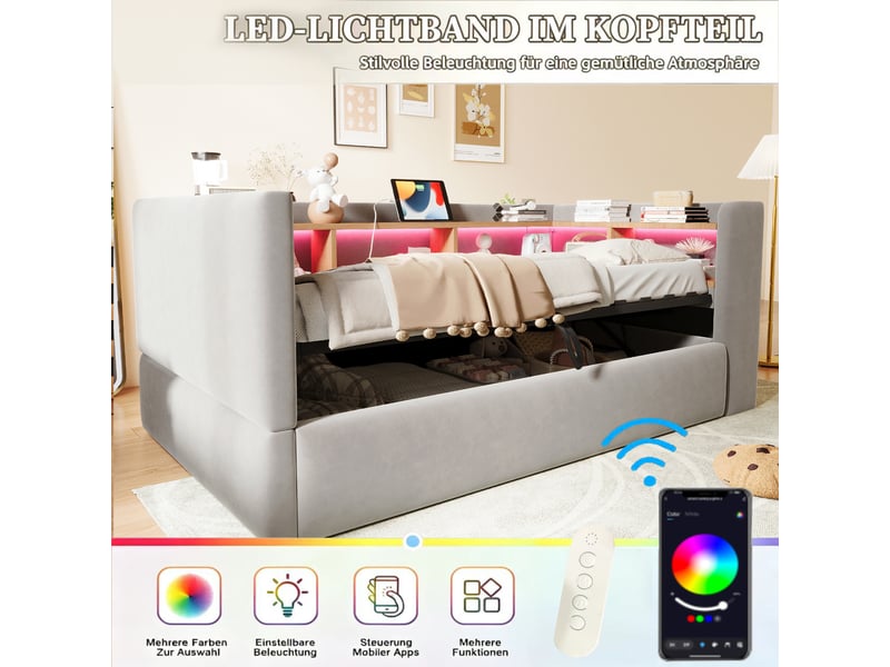  Canapé-lit 90x190 cm, lit enfant, couchage d'appoint, rangement hydraulique, gris clair, led  - Conforama E