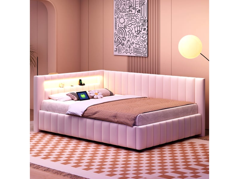  Canapé-lit rembourré 140x200 avec éclairage led et prise usb, lit de jour avec sommier à lattes et tête de lit, tissu velours, beige  - Conforama D