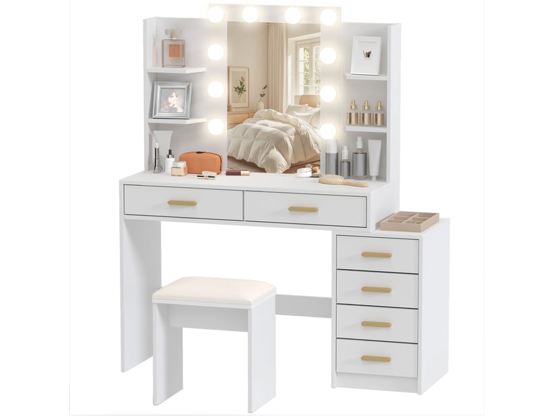  Coiffeuse avec miroir led et tabouret 6 tiroirs blanc 120 x 40 x 140 cm  - Conforama B