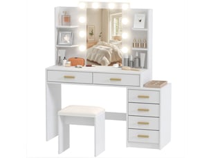 Coiffeuse 6 tiroir(s) Miroir Led avec 1 tabouret(s) inclu(s)  <strong>PANGIVO</strong> <strong></strong>  coloris blanc