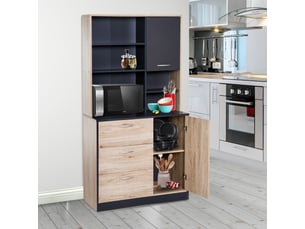 Armoire de cuisine multi-rangements 2 portes 3 tiroirs 3 étagères + grand plateau 90l x 39l x 169h cm bicolore chêne clair noir