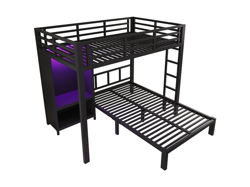  Lit superposé 2x120x200 cm avec armoire et led, en métal noir, sans matelas  - Conforama D