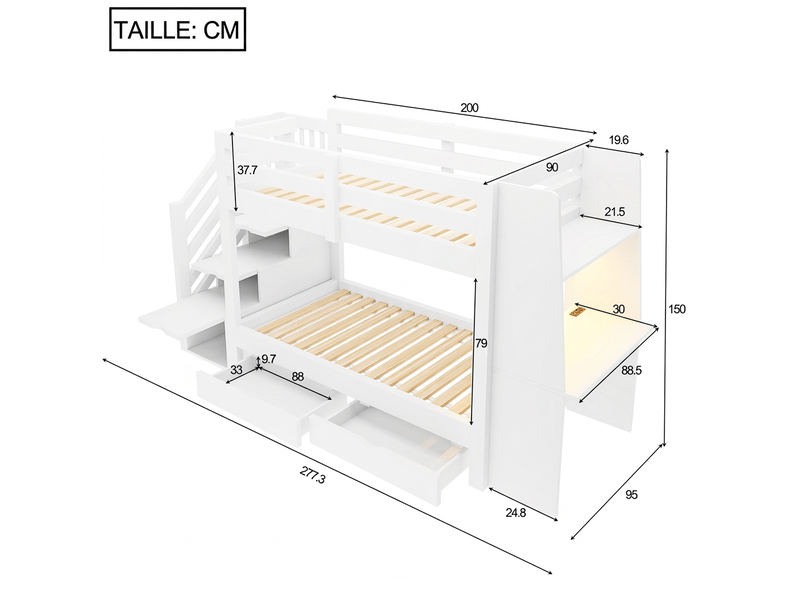  Lit superposé enfant 90x200 cm blanc avec bureau, escalier de rangement et éclairage led  - Conforama C