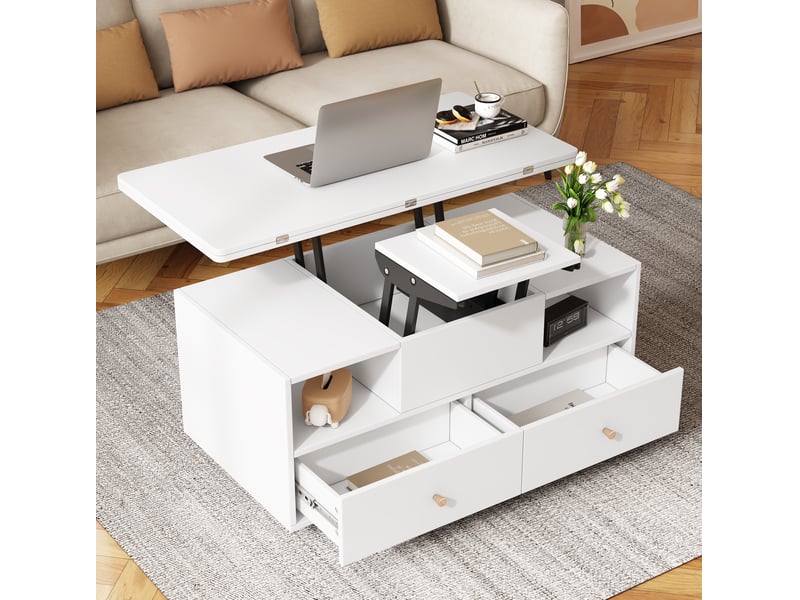  Table basse à hauteur réglable avec plateau pliant et 4 tiroirs blanche 100 x 50 x 47,5 cm  - Conforama D
