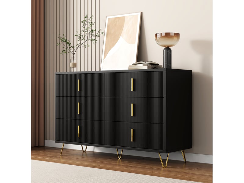  Commode bas 120x77x40 cm 6 tiroirs design moderne surface ondulée poignées pieds dorés panneau particules noir et doré  - Conforama B