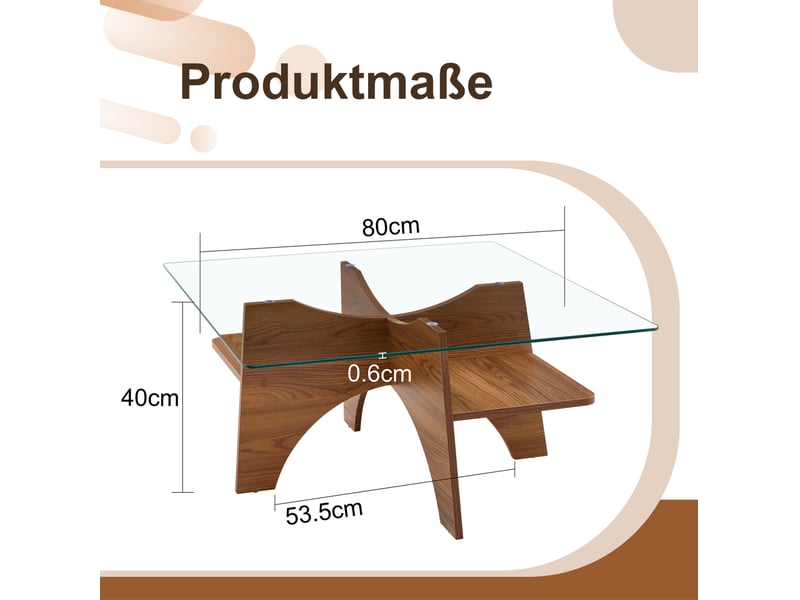  Table basse carrée fixe en verre de sécurité avec rangement, structure mdf noyer, style moderne, 80 × 80 × 40 cm  - Conforama C