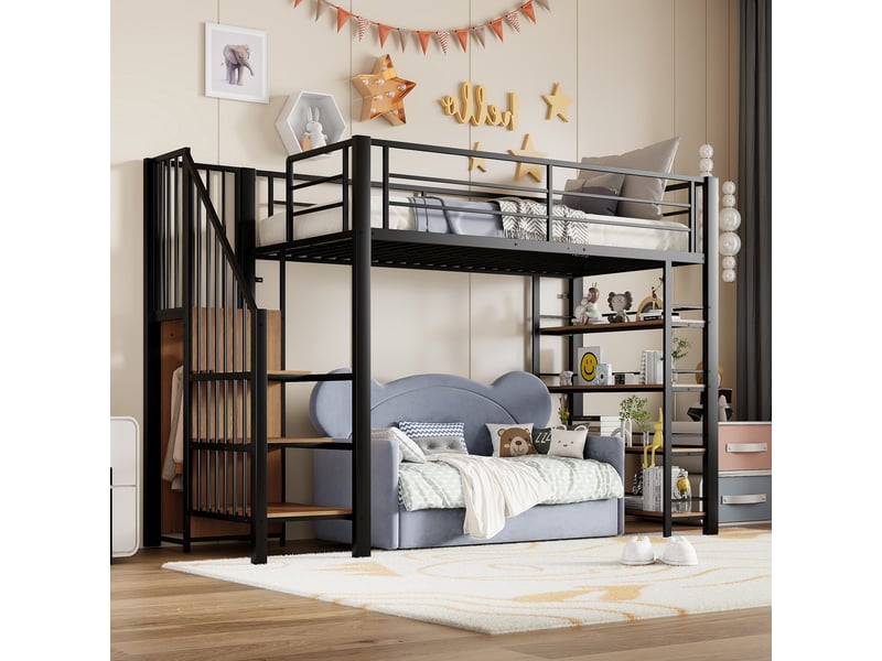  Lit mezzanine, lit simple avec escalier à rangements, penderie et étagères, 90x200 cm, sans matelas, noir  - Conforama C