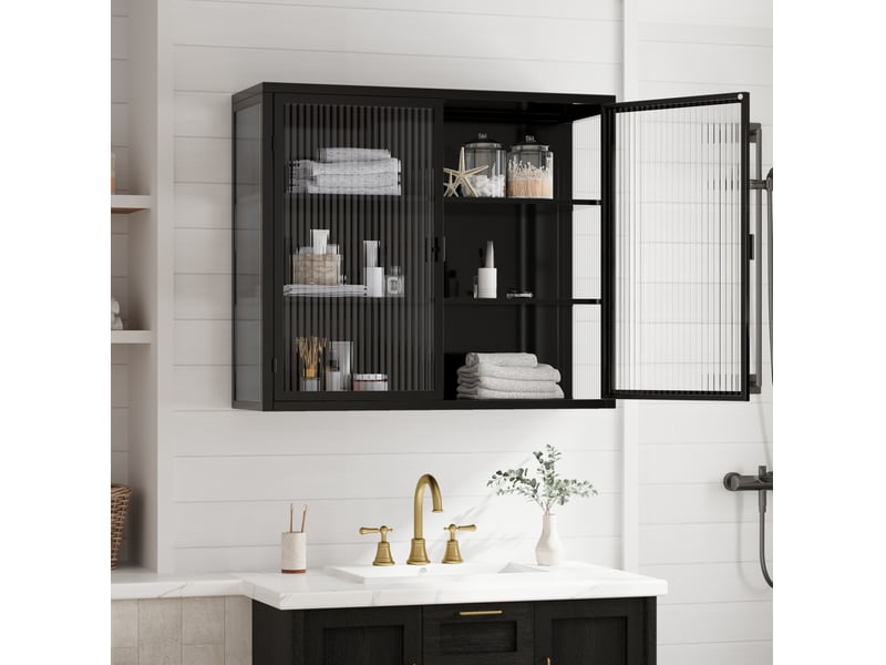 Armoire murale 2 portes 70 x 23 x 60 cm – noire – verre trempé strié, 3 niveaux de rangement modulables - Conforama B