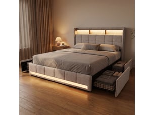 Lit double adulte 180x200 cm avec 4 tiroirs et led rgb, king size, tête de lit avec étagère et ports usb, lit capitonné en lin, beige