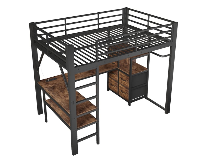  Lit mezzanine 140x200 cm avec bureau d'angle et 7 tiroirs en tissu, noir et brun  - Conforama D
