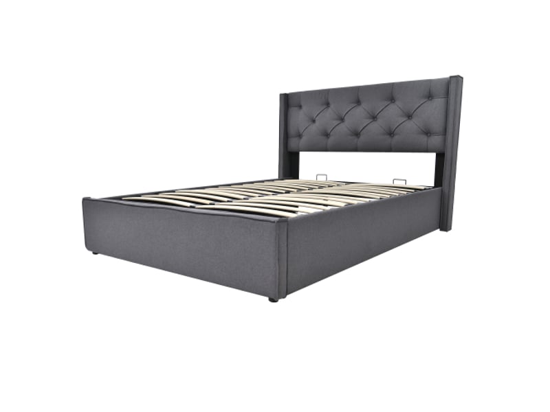 Lit coffre hydraulique 140x200 cm - sommier métal, cadre contemporain, rangement, tissu coton gris - Conforama A