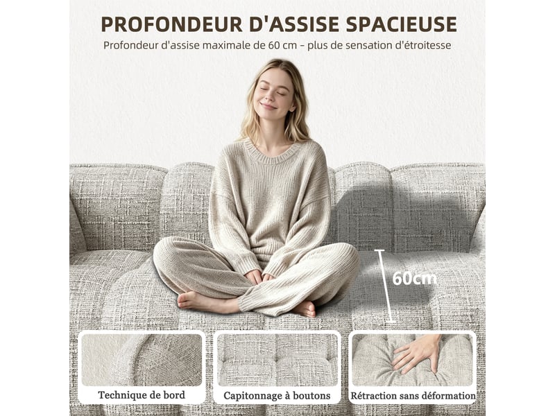  Lexzurn fauteuil fixe, pouf pour adulte,avec coussin,conception ergonomique,profondeur d'assise accrue 60 cm,adapté à de nombreux contextes,base antidérapante  - Conforama D