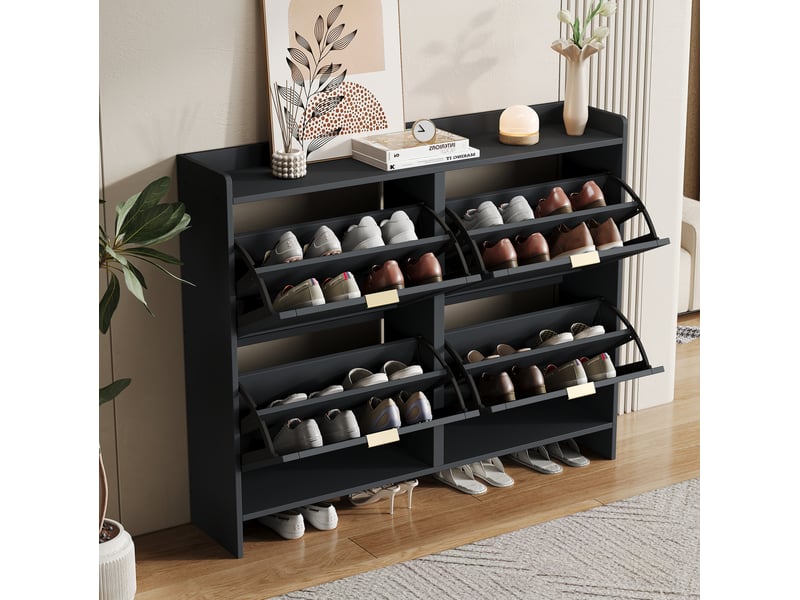  Meuble à chaussures 110x24x90 cm, incurvé, 4 abattants et tablettes réglables, pour entrée, panneau de particules, noir  - Conforama B
