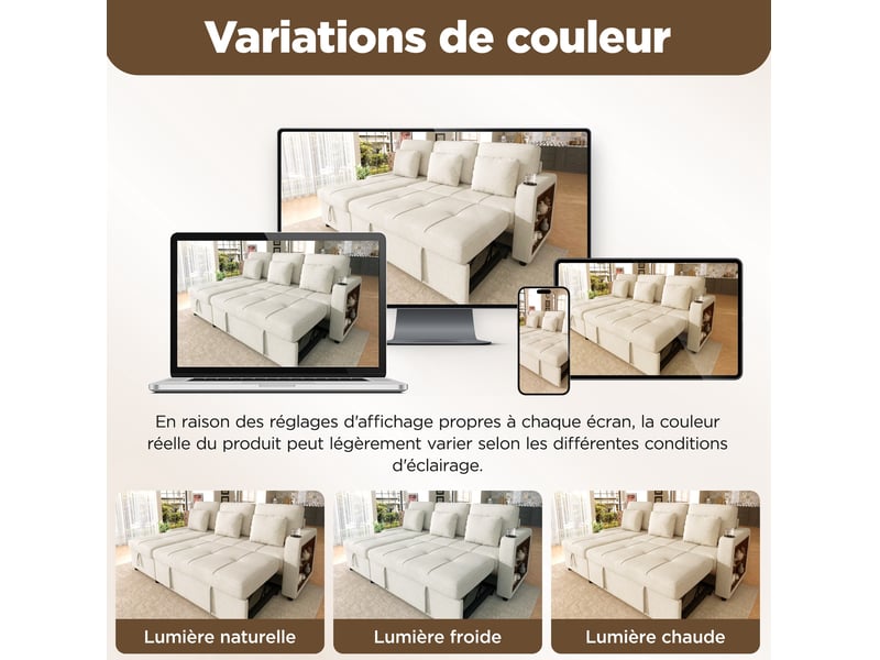  Canapé convertible 3 places avec méridienne, coffre, porte-gobelet et rangement latéral en chenille beige clair  - Conforama E