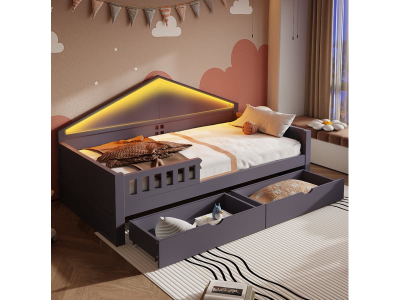  Lit enfant 90 x 200 cm gris en bois avec led, 2 tiroirs et sommier à lattes  - Conforama D