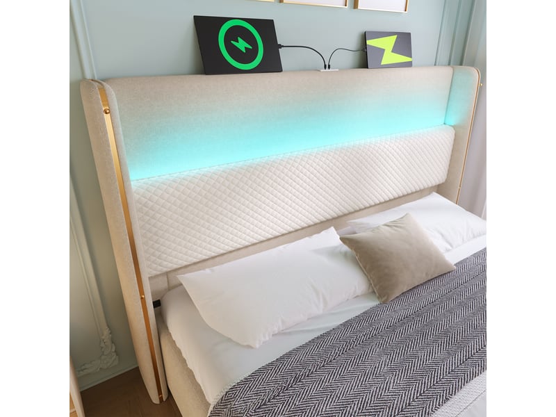  Lit coffre 180x200 cm, lit double, tête de lit haute, ports de charge, led, sommier, lin, beige, sans matelas  - Conforama D
