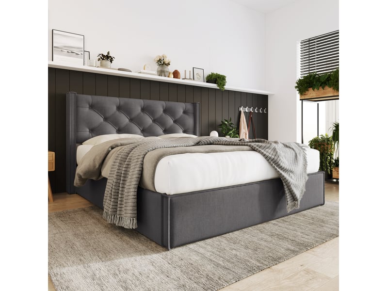  Lit double rembourré hydraulique 140 x 200 cm gris avec rangement  - Conforama D