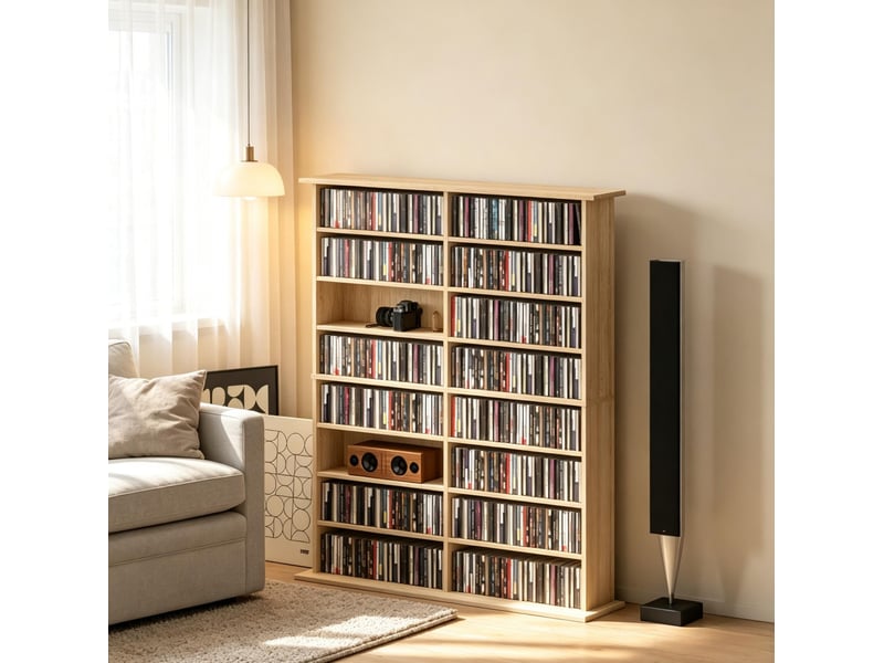  Meuble de rangement cd dvd blu-ray 106,5x24x126,3 cm 16 compartiments et 12 tablettes réglables panneau de particules bois naturel  - Conforama B