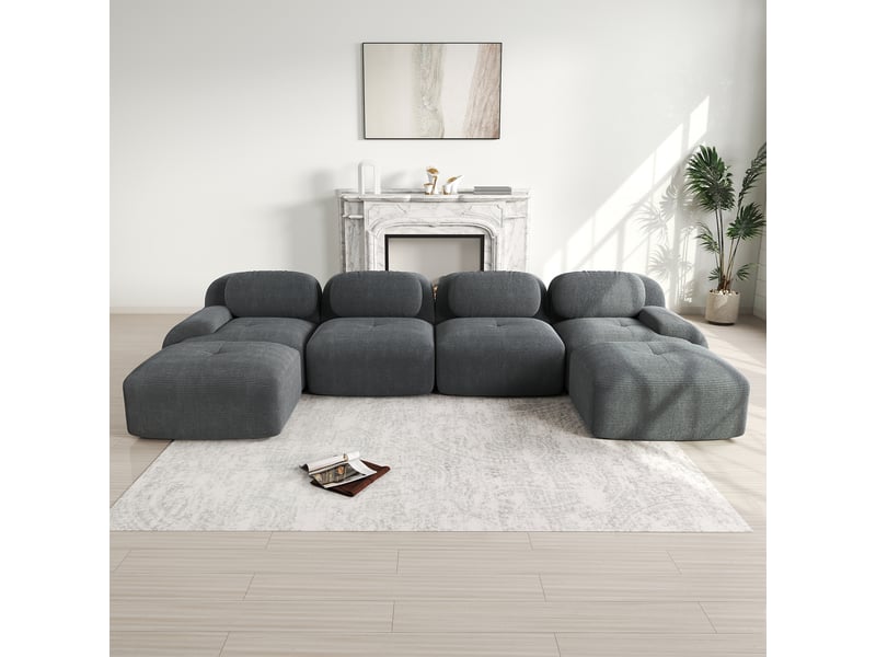 Canapé modulaire u 4 places en velours côtelé,base anti-dérapant,repose-pieds amovibles,accoudoirs xl,ergonomique 32d hautement élastique,gris 388x178x75cm - Conforama C