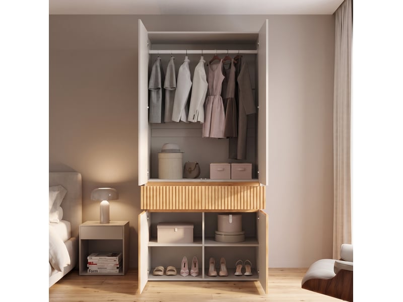  Armoire à portes battantes 90x50x202 cm, 1 tringle, 1 tiroir, 4 portes, mdf, chêne clair et gris, chambre et dressing  - Conforama E