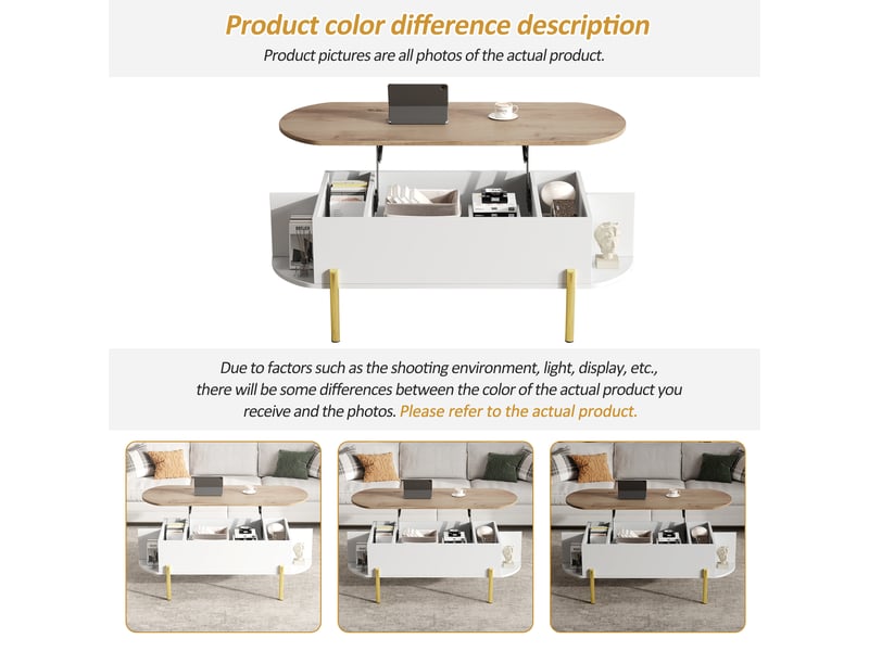 Table basse contemporaine relevable bois et blanc, 120 x 50 x 43 cm, rangements cachés et 7 niches - Conforama E