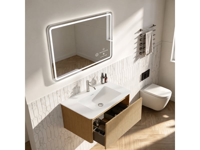  Ensemble meuble vasque suspendu 80 cm avec miroir led, finition chêne  - Conforama E