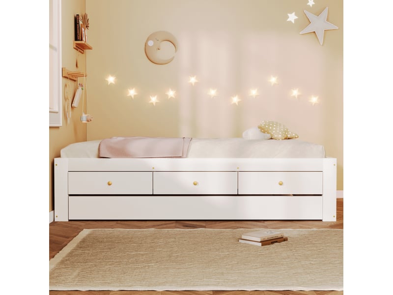  Lit 140x200 cm avec 3 tiroirs lit d’appoint coulissant, lit gigogne en mdf et bois couleur blanc sans matelas  - Conforama D