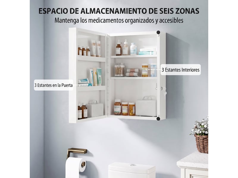  Armoire à pharmacie murale verrouillable, 6 compartiments, 2 clés, acier blanc, 40 x 18 x 60 cm  - Conforama R