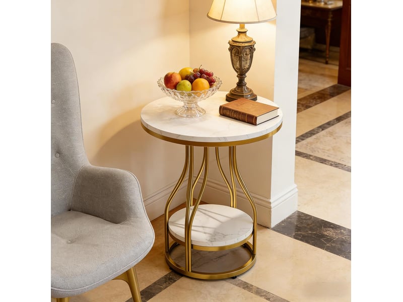  Table d'appoint ronde 50x50x59 cm 2 niveaux panneau de particules et métal blanc et or  - Conforama D