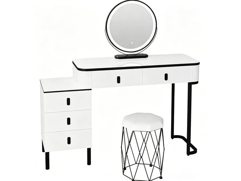  Coiffeuse tcqpz avec miroir led réglable et tabouret 5 tiroirs blanc et noir  - Conforama A